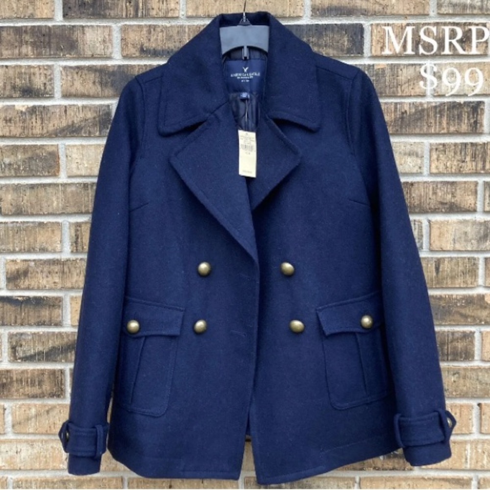 NWT American Eagle Outfitters Navy Blue Military Wool Pea Coat WOMENS MEDIUM.